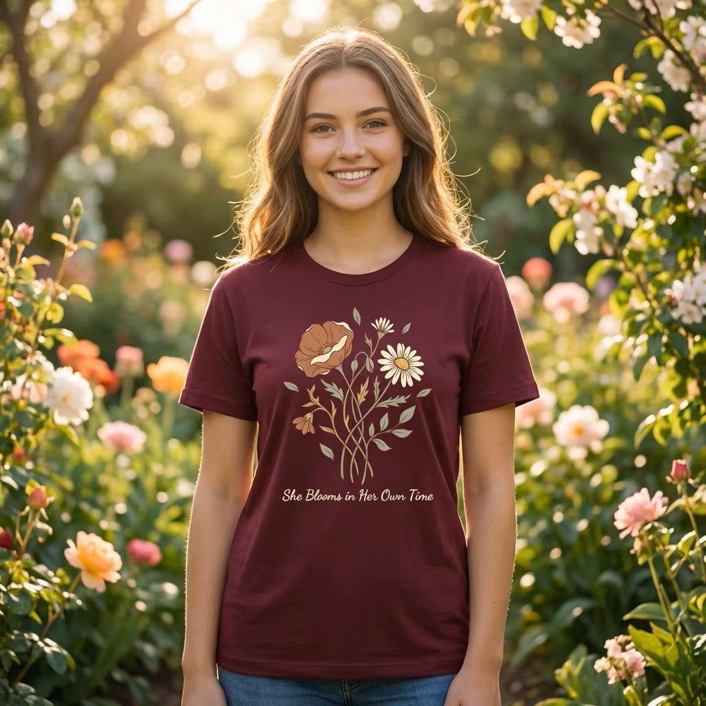 She Blooms in Her Own Time T-Shirt | Spring Botanical Tee