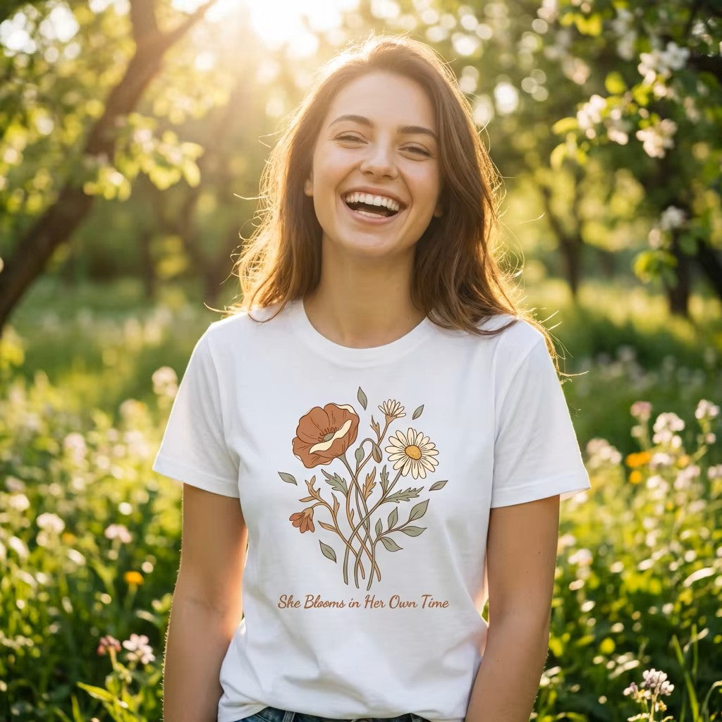 She Blooms in Her Own Time T-Shirt | Spring Botanical Tee