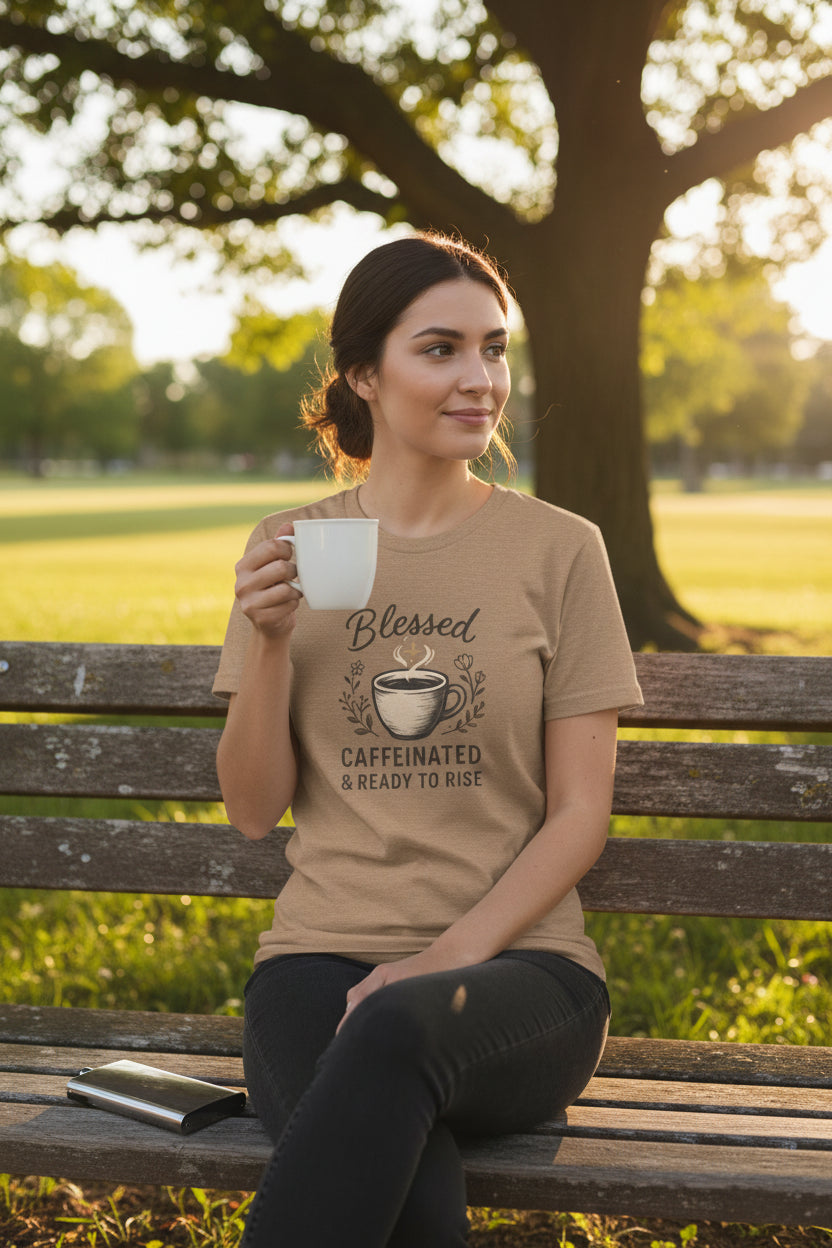 Blessed Caffeinated & Ready to Rise T-Shirt | Faith Coffee Tee | Funny Christian Gift