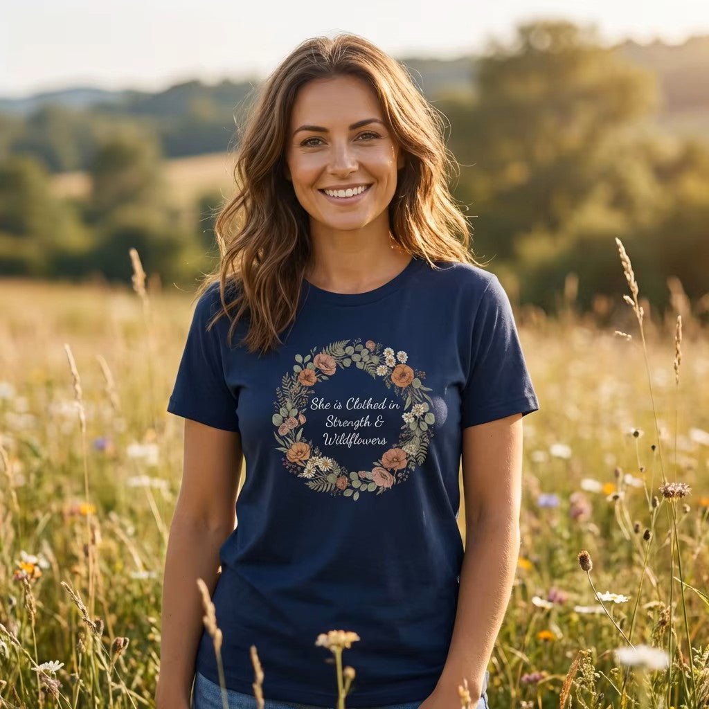 She is Clothed in Strength & Wildflowers T-Shirt | Floral Mother's Day Tee | Elegant Women's Shirt
