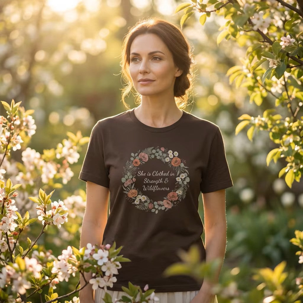 She is Clothed in Strength & Wildflowers T-Shirt | Floral Mother's Day Tee | Elegant Women's Shirt