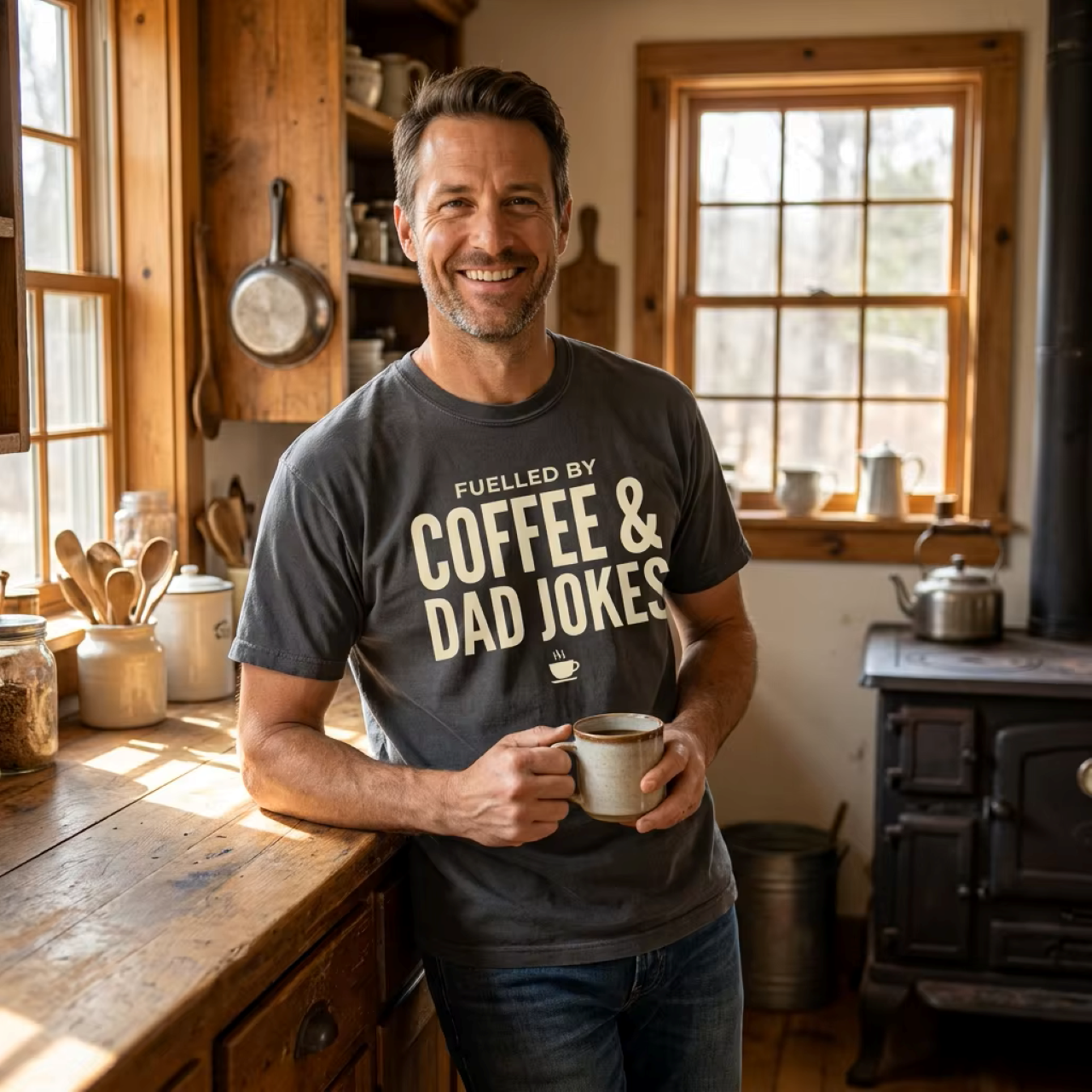 Dad Jokes Coffee Shirt | Funny Father's Day Tee | Gift for Dad | Fuelled by Coffee and Dad Jokes