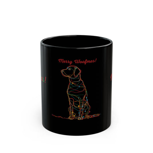 Merry Woofmas! Dog Christmas Mug — Black (Wrap + Center Designs)
