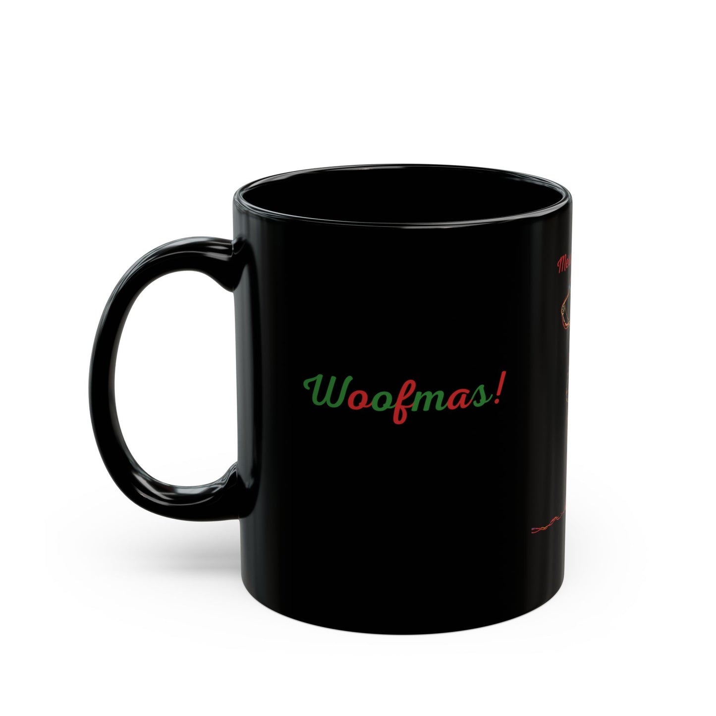 Merry Woofmas! Dog Christmas Mug — Black (Wrap + Center Designs)