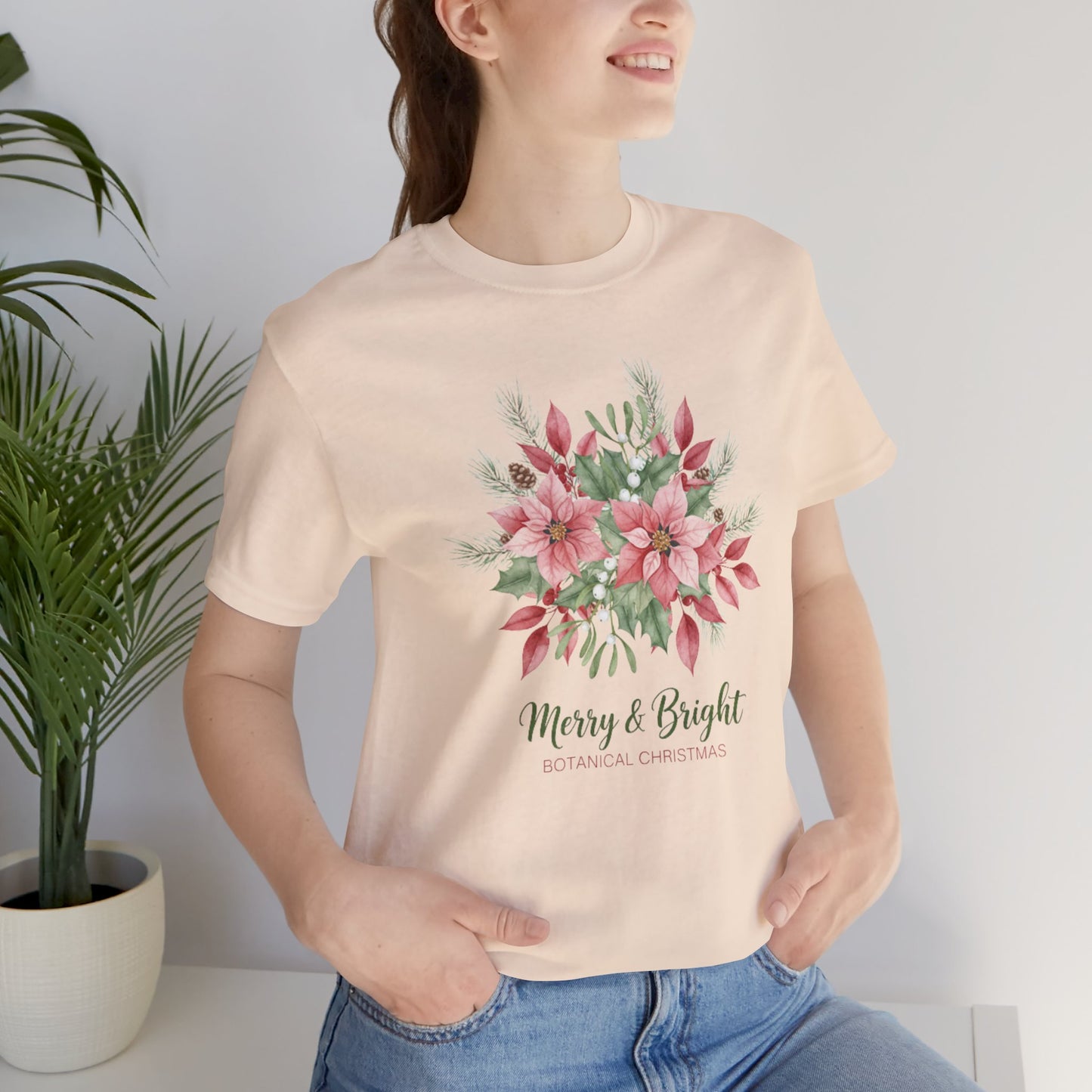 Merry & Bright Floral T-Shirt | Botanical Christmas Tee with Poinsettias