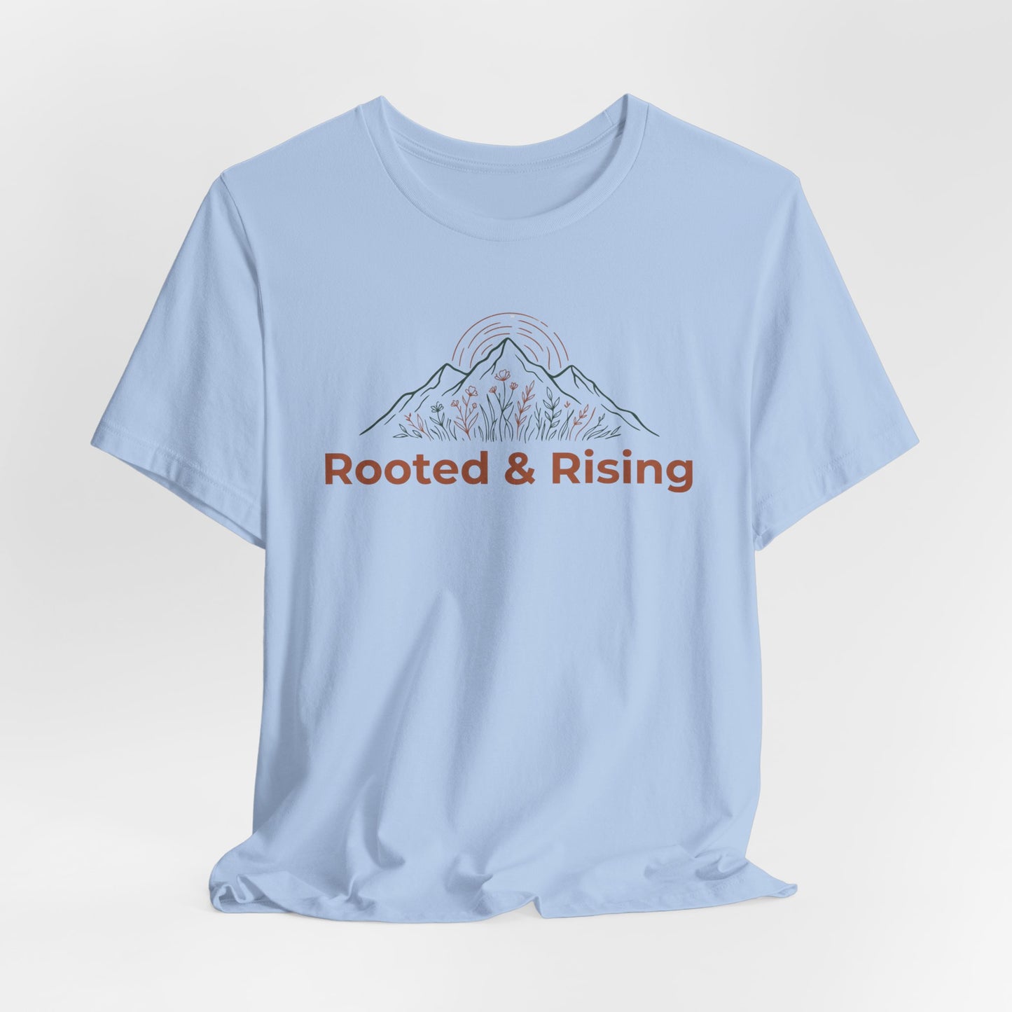 Rooted and Rising T-Shirt | Nature Adventure Spring Tee | Mountain Shirt | Outdoor Graphic Tee | Hiking Gift
