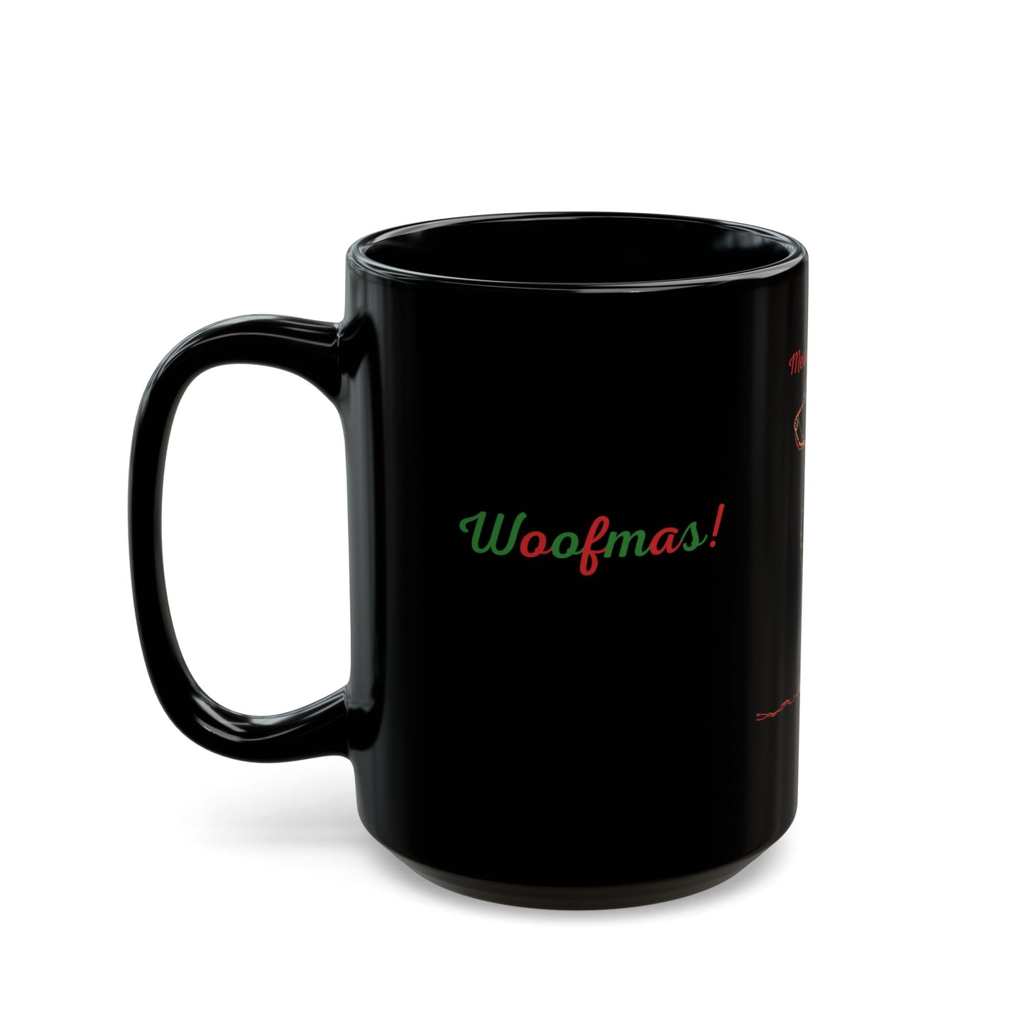 Merry Woofmas! Dog Christmas Mug — Black (Wrap + Center Designs)