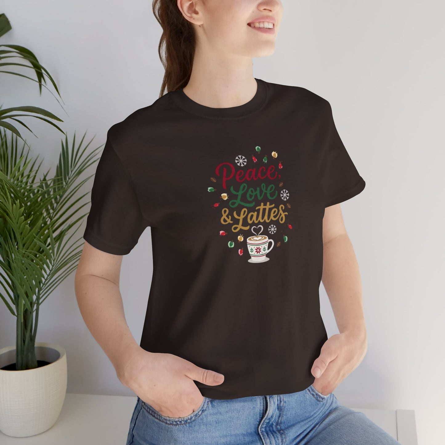 Peace, Love & Lattes Christmas T-Shirt | Festive Coffee Lover Tee