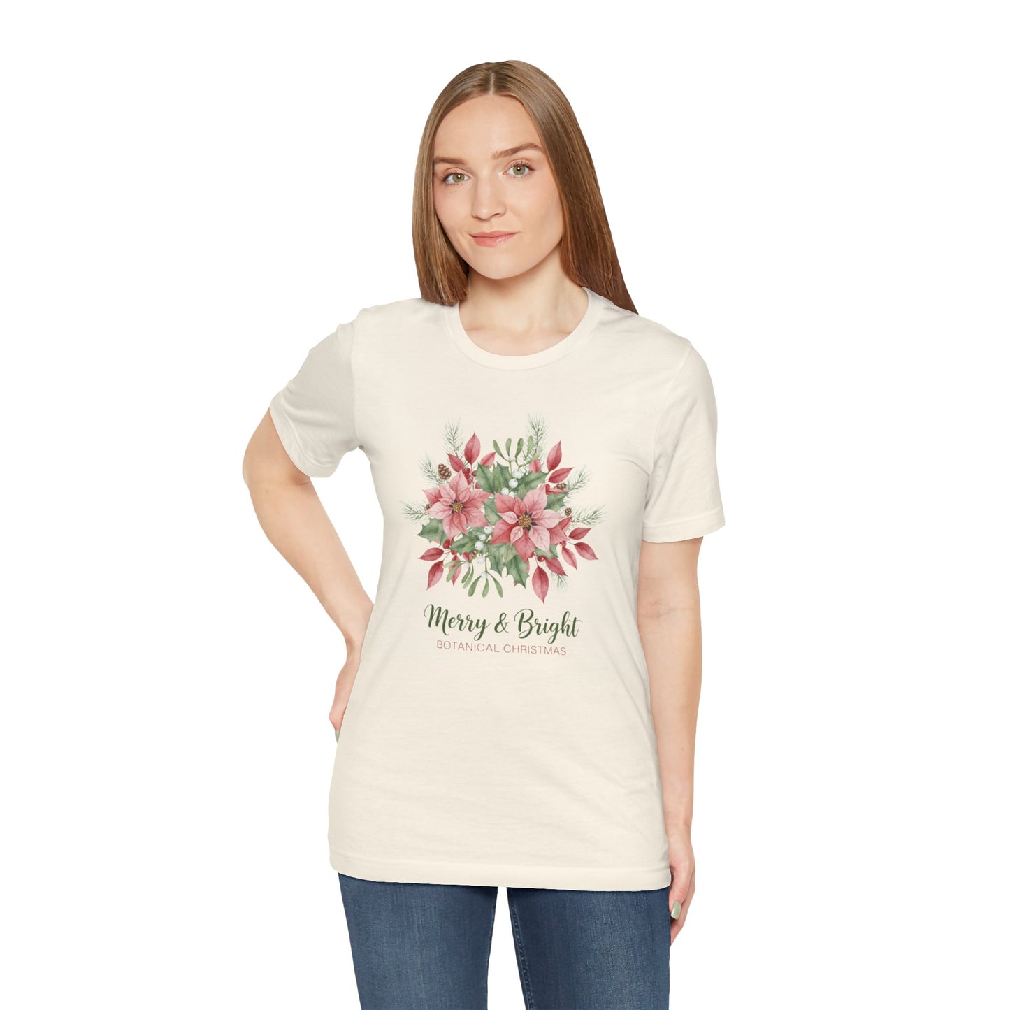 Merry & Bright Floral T-Shirt | Botanical Christmas Tee with Poinsettias