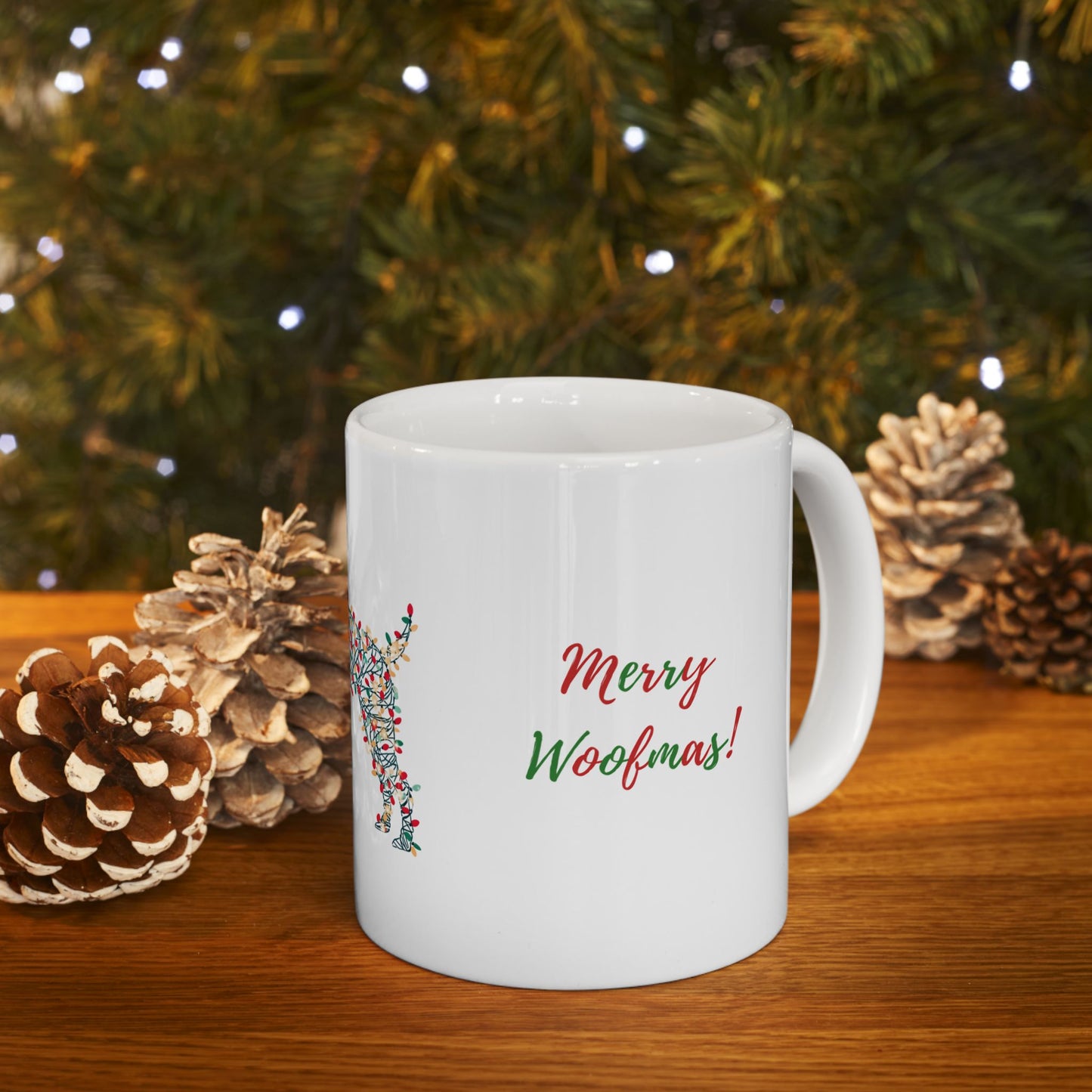 Merry Woofmas! Dog Christmas Mug — Full Wrap Design (White)