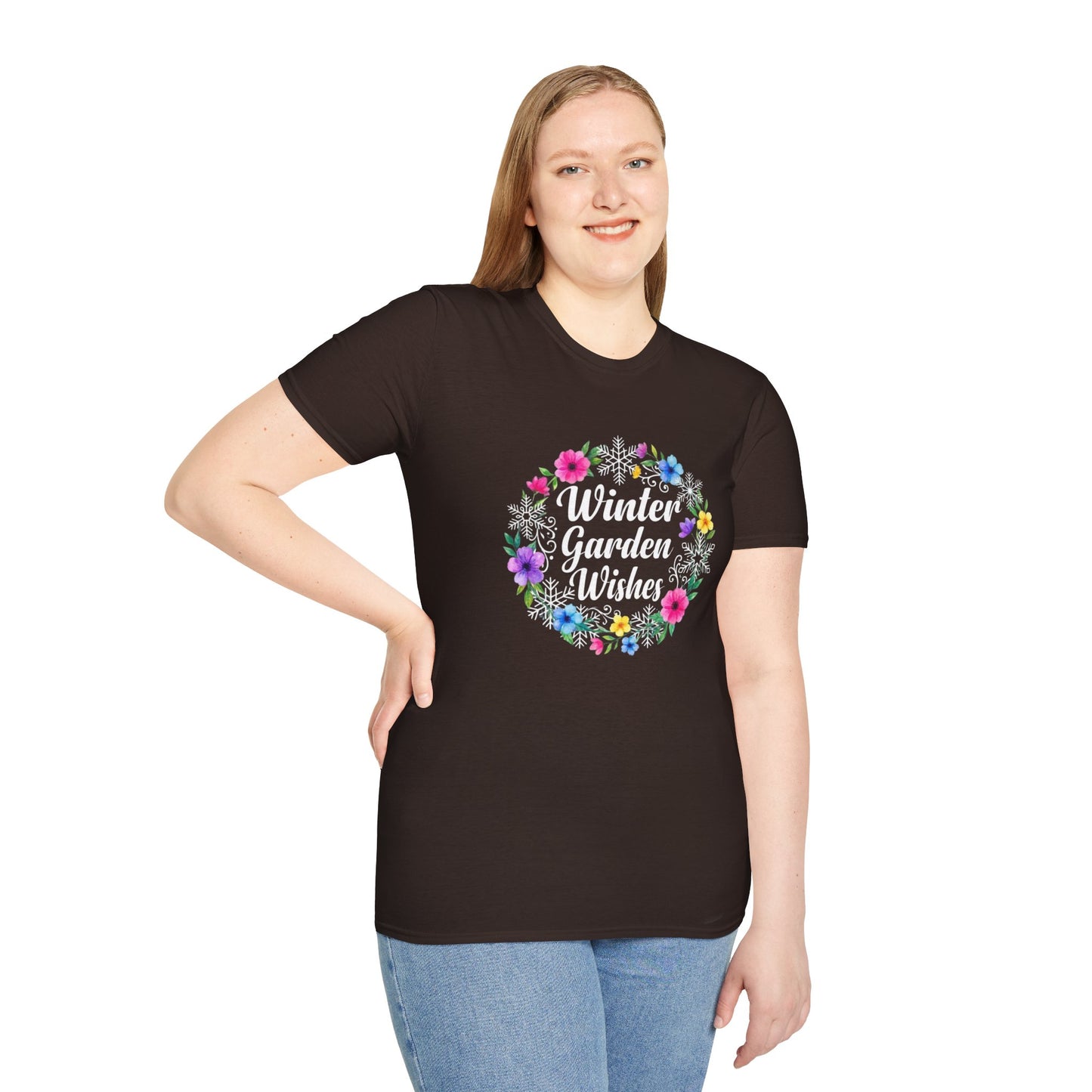 Winter Garden Wishes T-Shirt | Floral Winter Tee (Dark Colors)