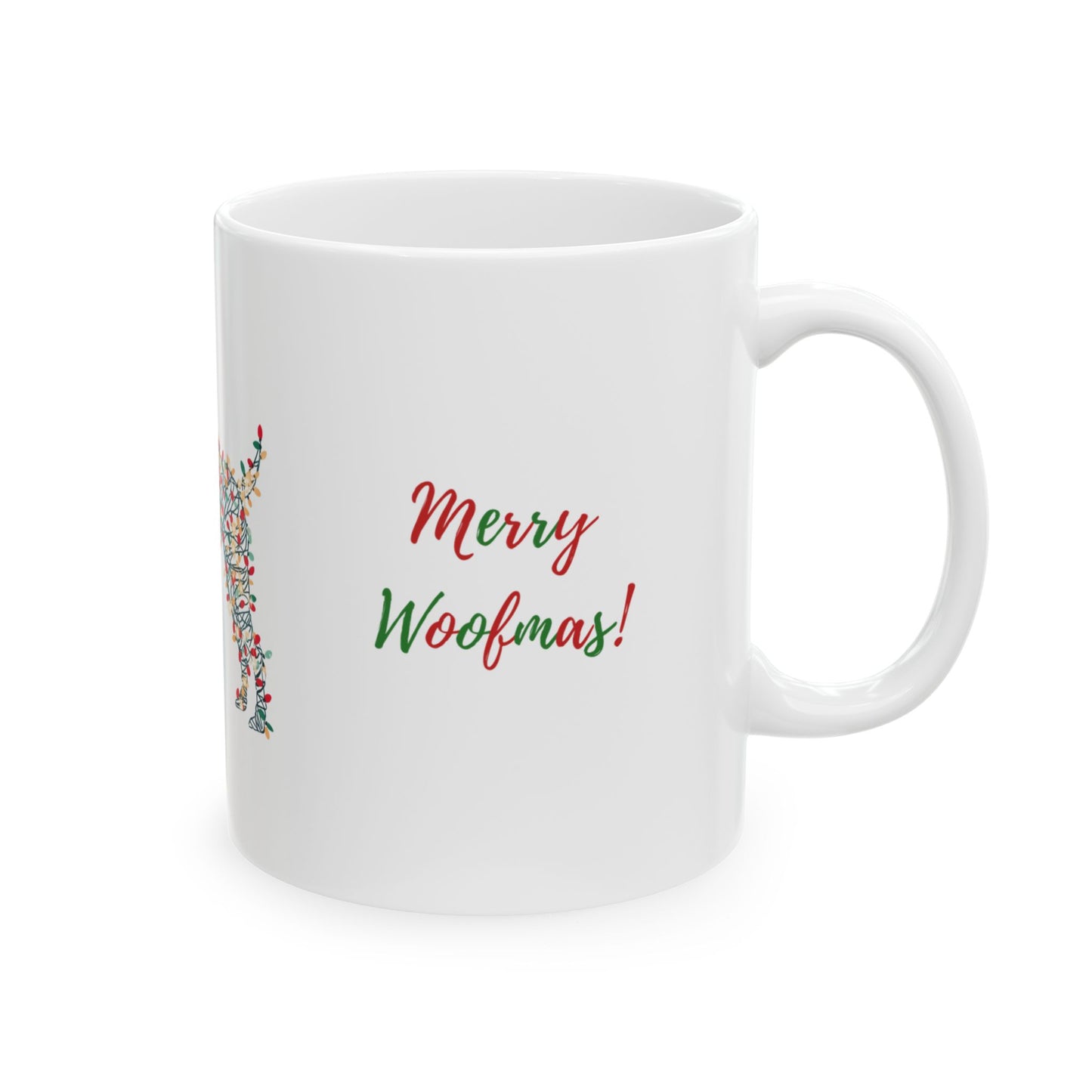 Merry Woofmas! Dog Christmas Mug — Full Wrap Design (White)