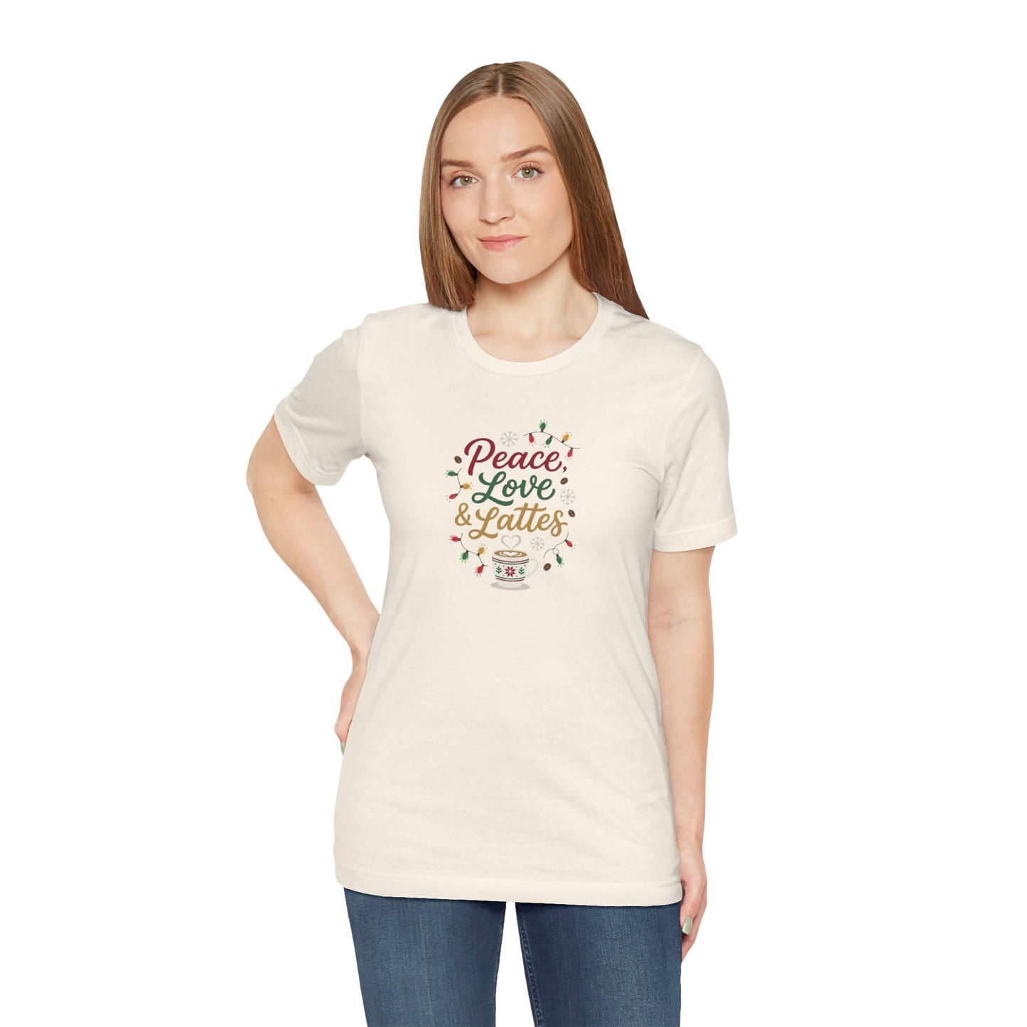 Peace, Love & Lattes Christmas T-Shirt | Festive Coffee Lover Tee