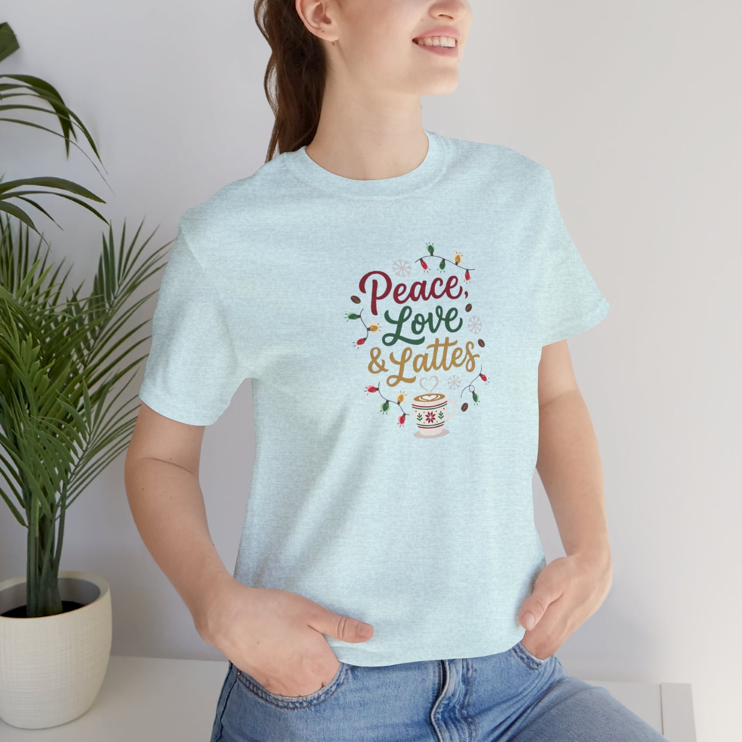 Peace, Love & Lattes Christmas T-Shirt | Festive Coffee Lover Tee