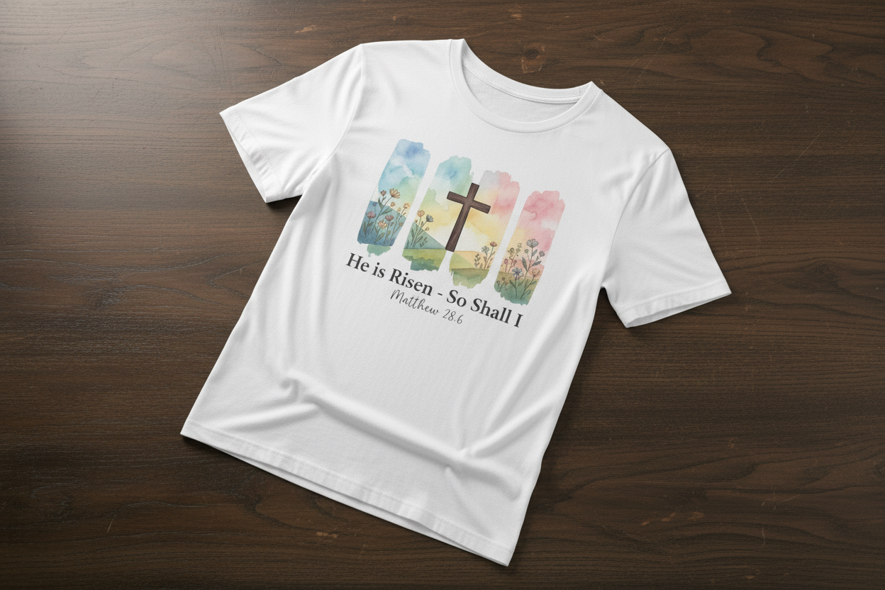 He Is Risen – So Shall I T-Shirt - Watercolor cross landscape design