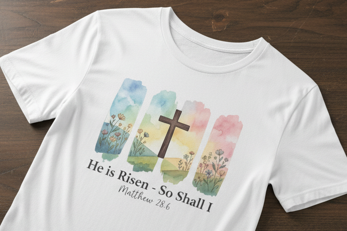 He Is Risen – So Shall I T-Shirt - Watercolor cross landscape design