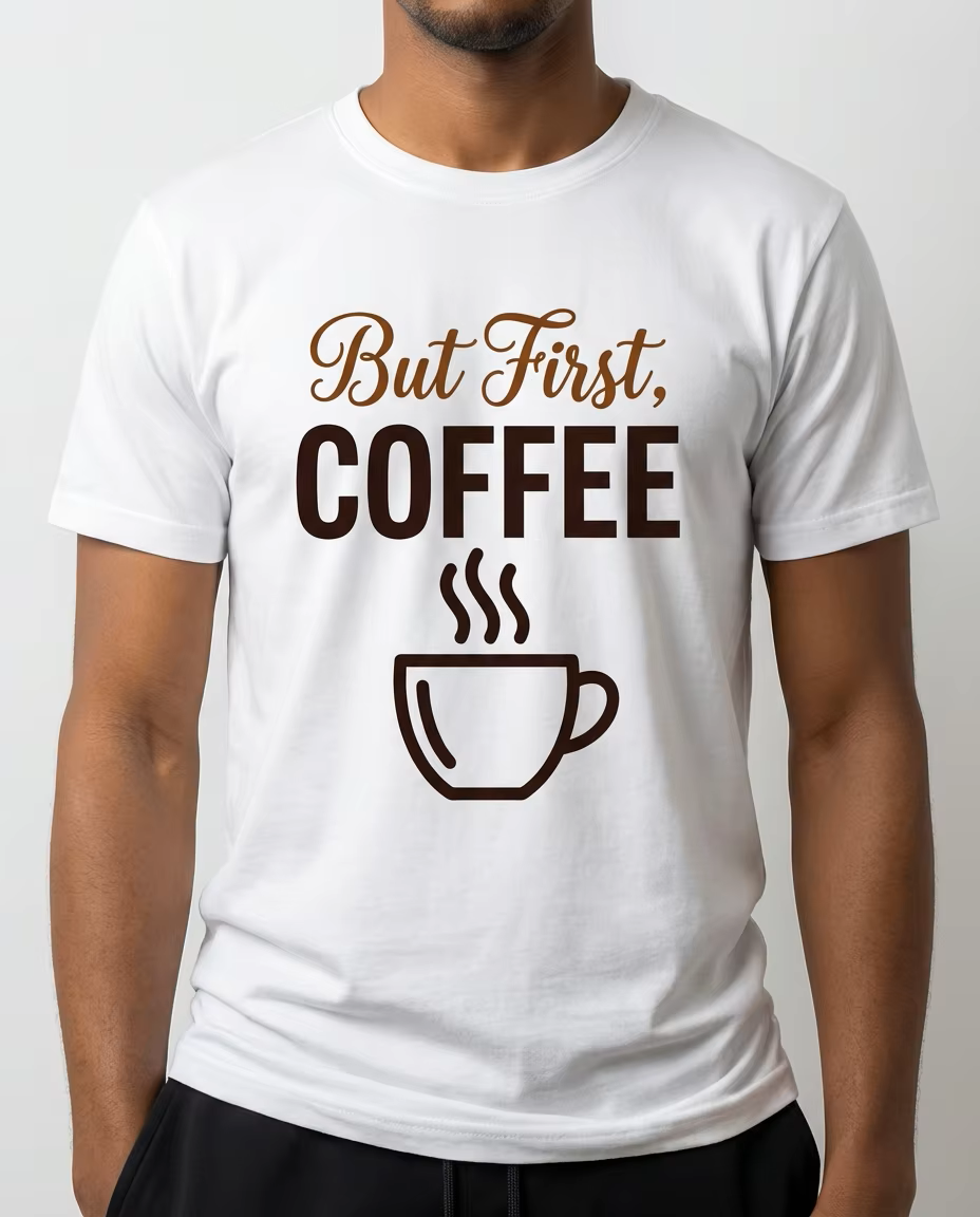 Person wearing a white t-shirt with 'But First, Coffee' text and coffee cup graphic.