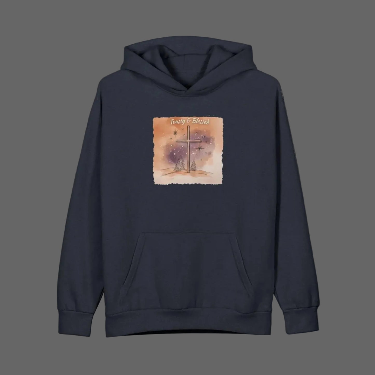 Black hoodie with a graphic Watercolor Cross design