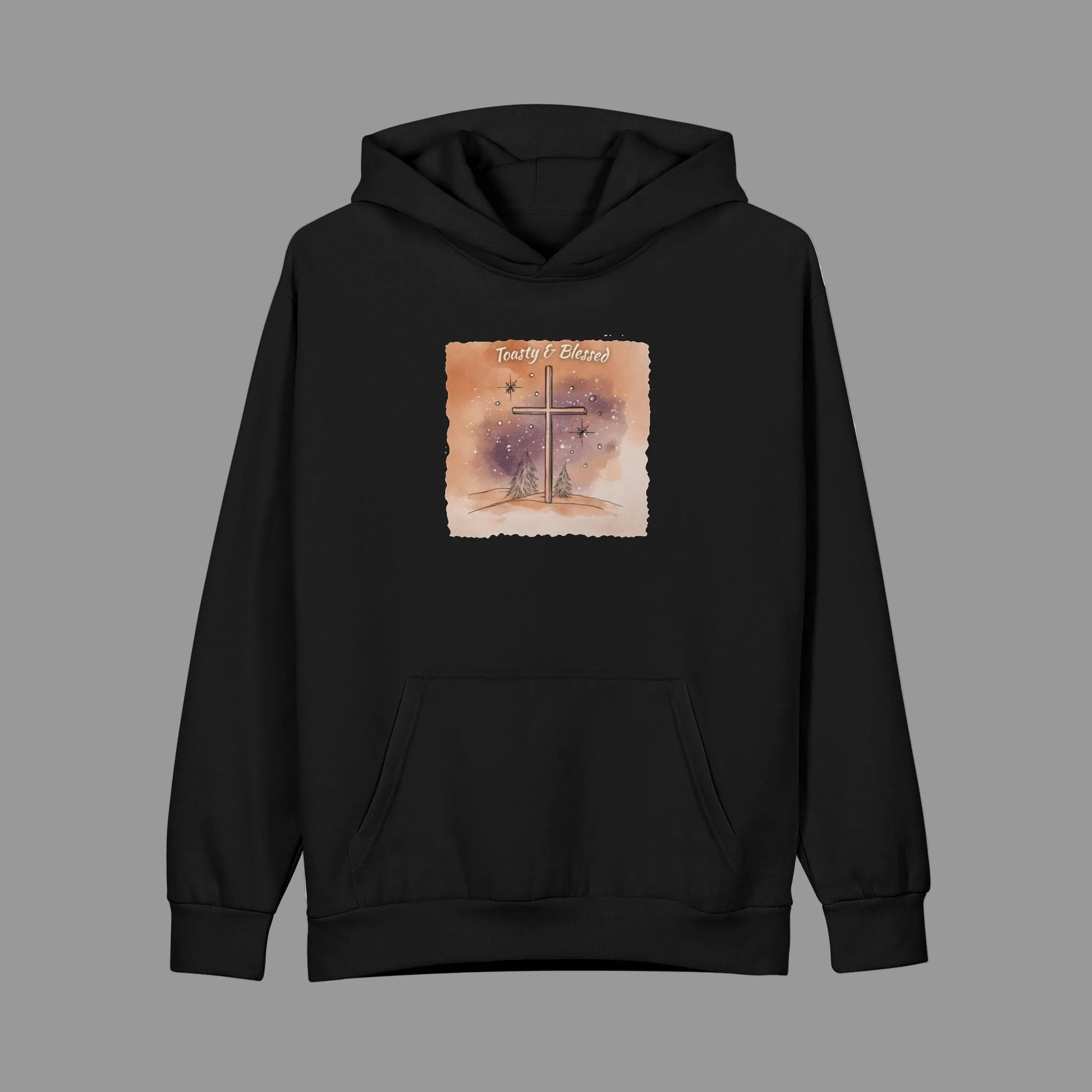 Black hoodie with a Cross graphic design on a white background