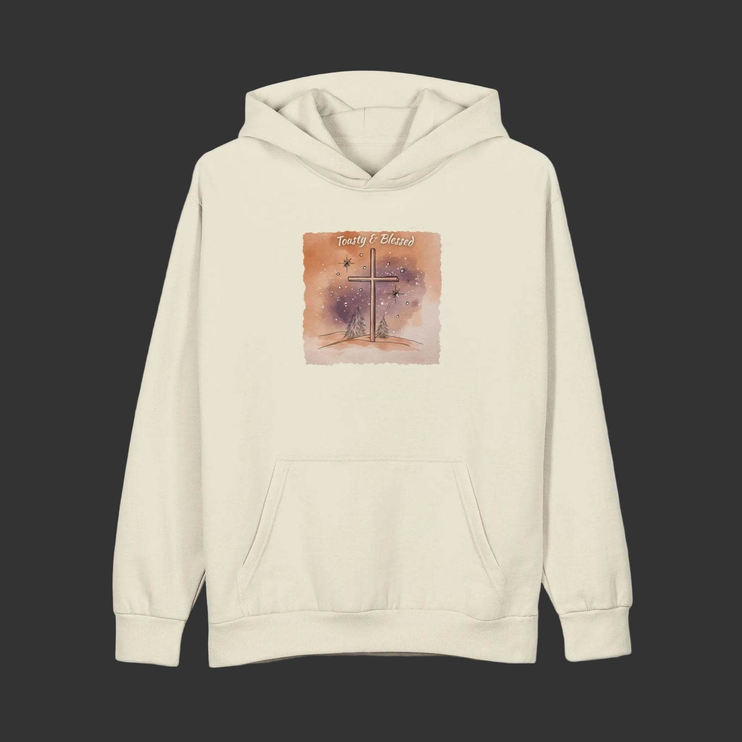 Beige hoodie with a graphic Cross design on a white background