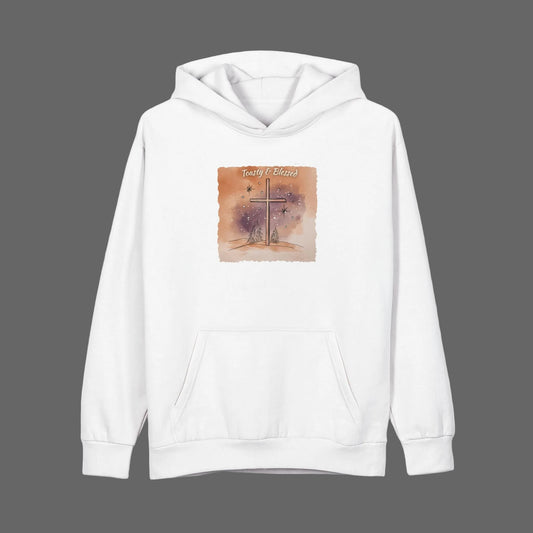 White hoodie with a cross graphic design on a white background