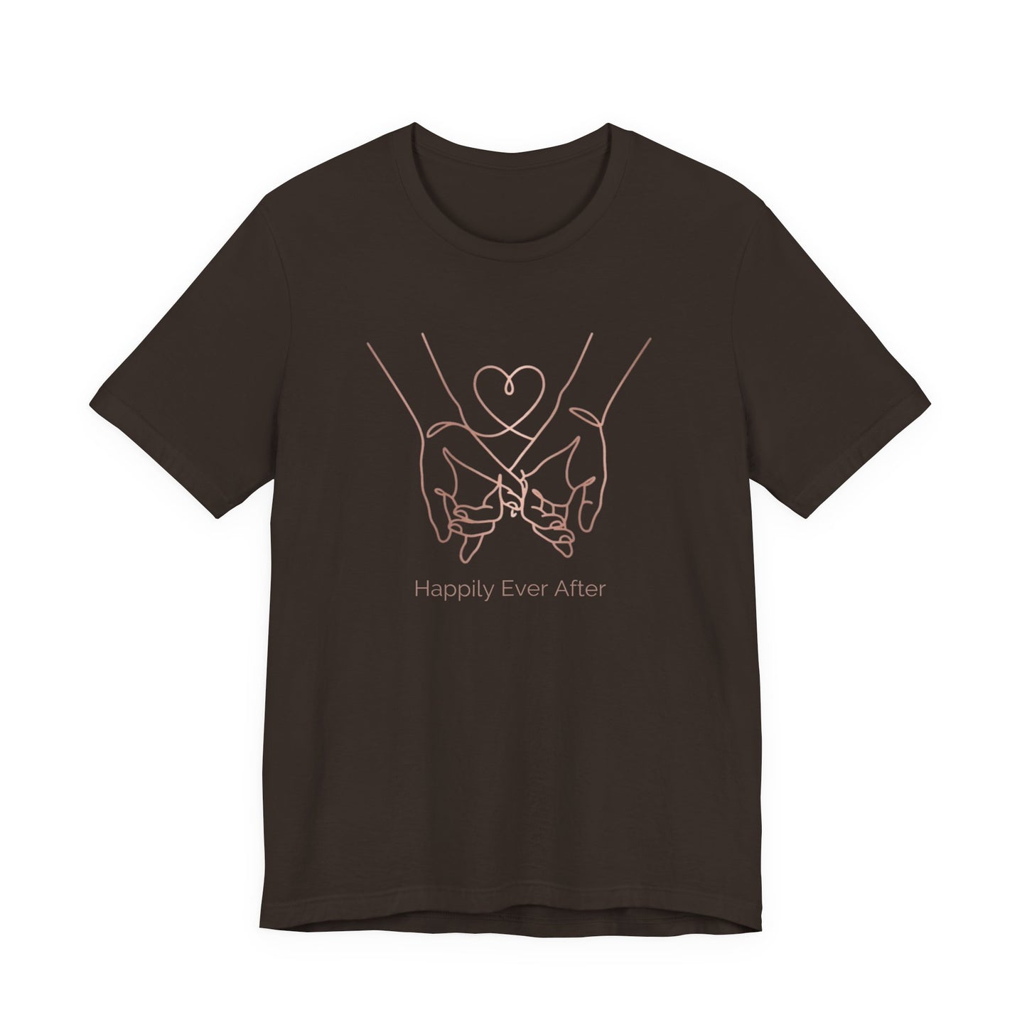 Brown t-shirt with a graphic design of intertwined hands forming a heart and text 'Happily Ever After' on a white background.