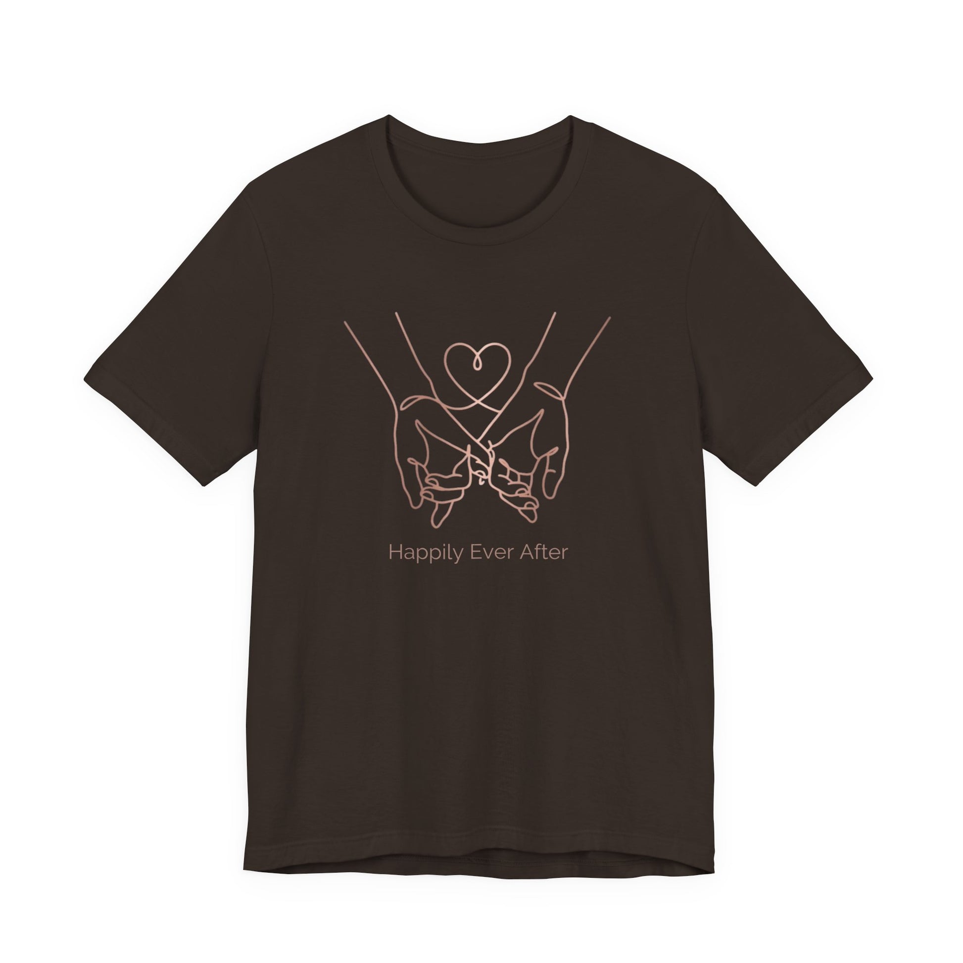 Brown t-shirt with a graphic design of intertwined hands forming a heart and text 'Happily Ever After' on a white background.