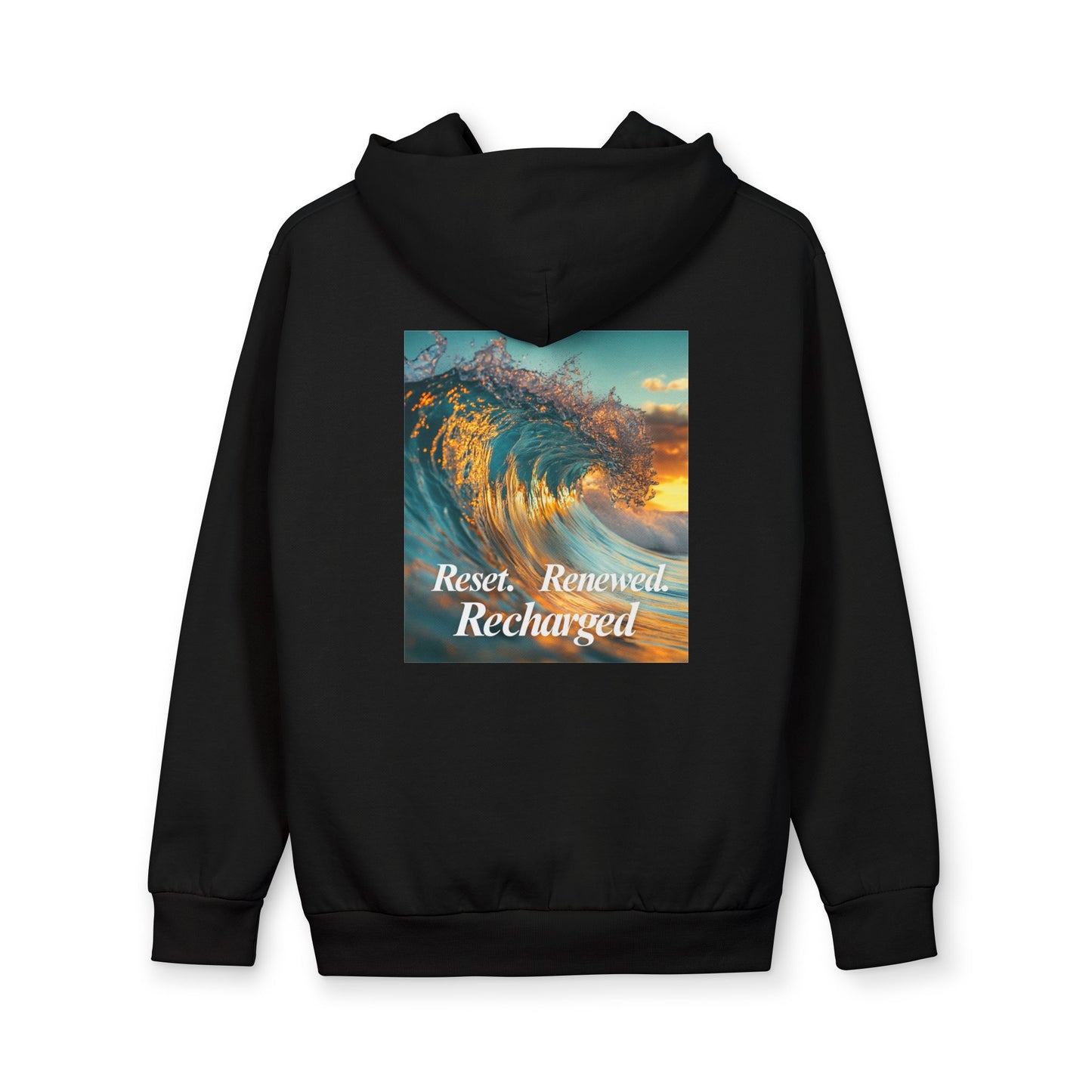 Black hoodie with a graphic of a wave and text on the back against a white background
