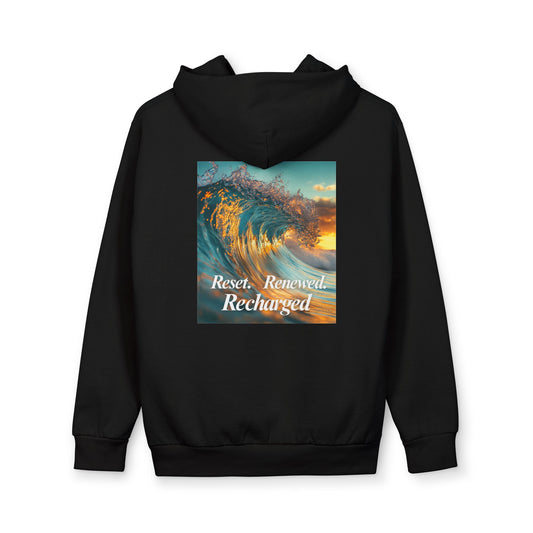 Black hoodie with a graphic of a wave and text on the back against a white background