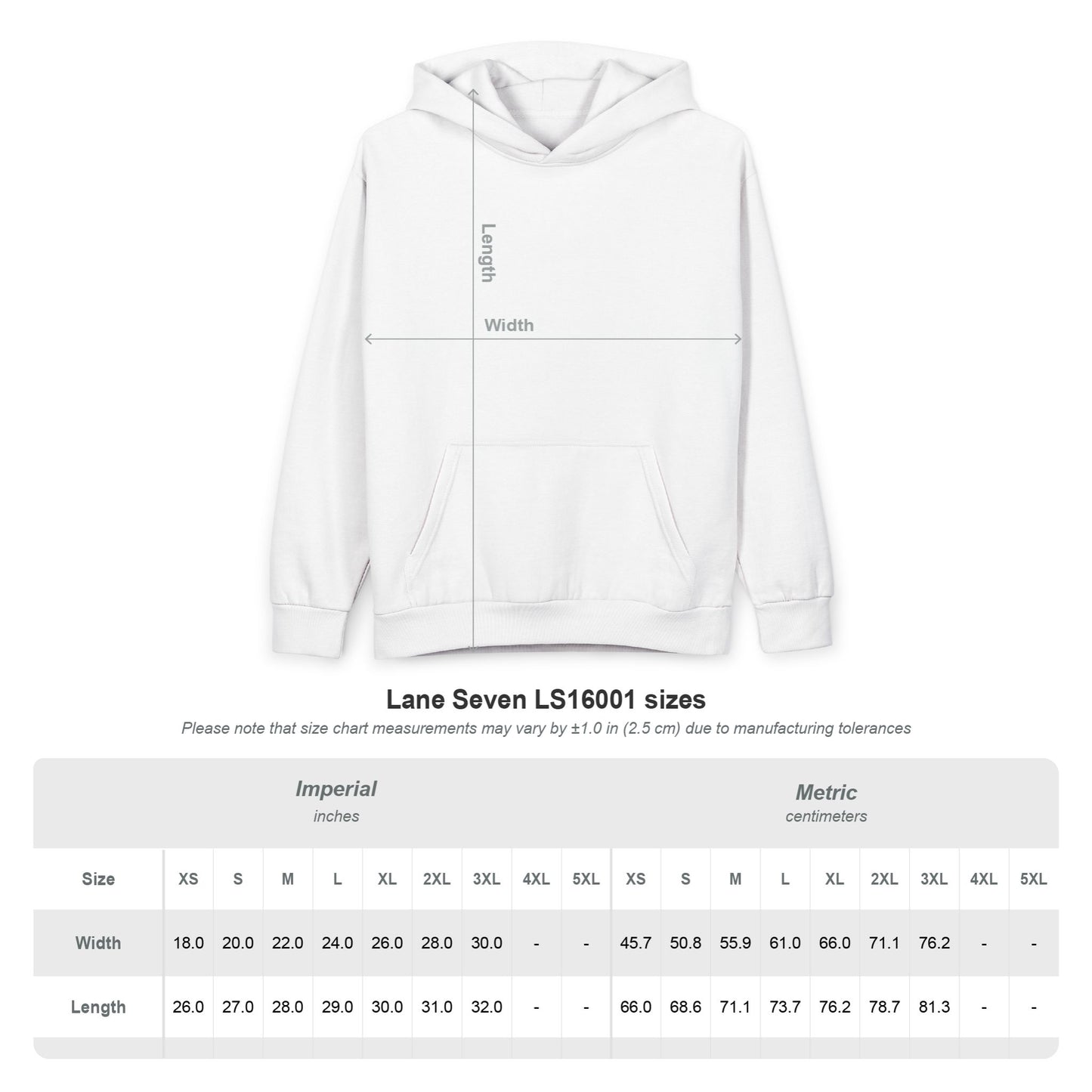 White hoodie with size chart on a white background