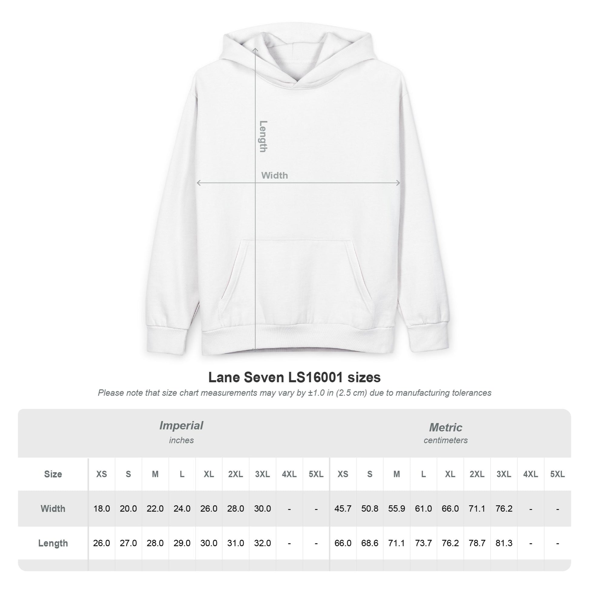 White hoodie with size chart on a white background