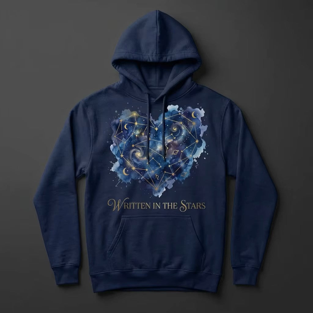 Navy blue hoodie with celestial design and 'Written in the Stars' text on a dark background