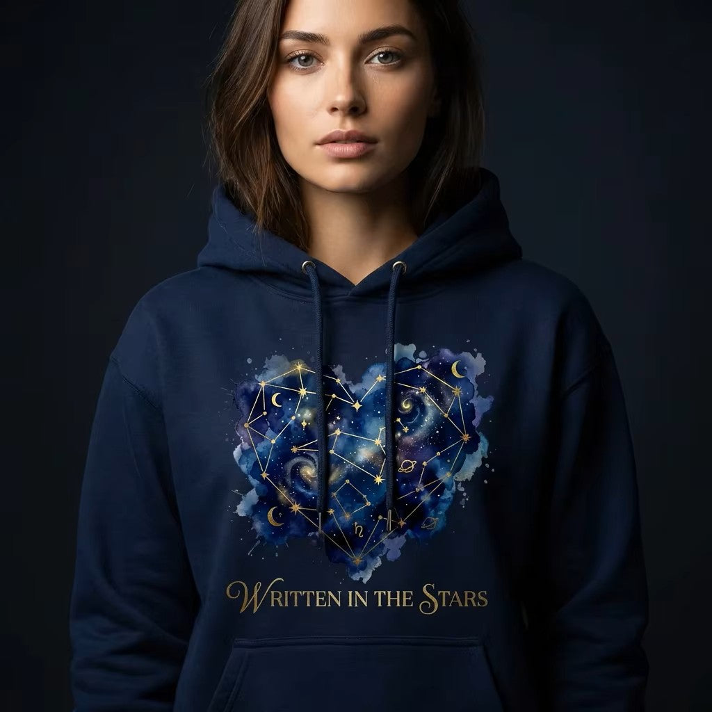Person wearing a hoodie with a starry design and text 'Written in the Stars' on a dark background